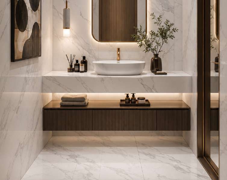 Granit Oceania CALACATTA ALBA 120x60 terpasang — Kamar mandi dengan dinding marmer putih dan vanity kayu.