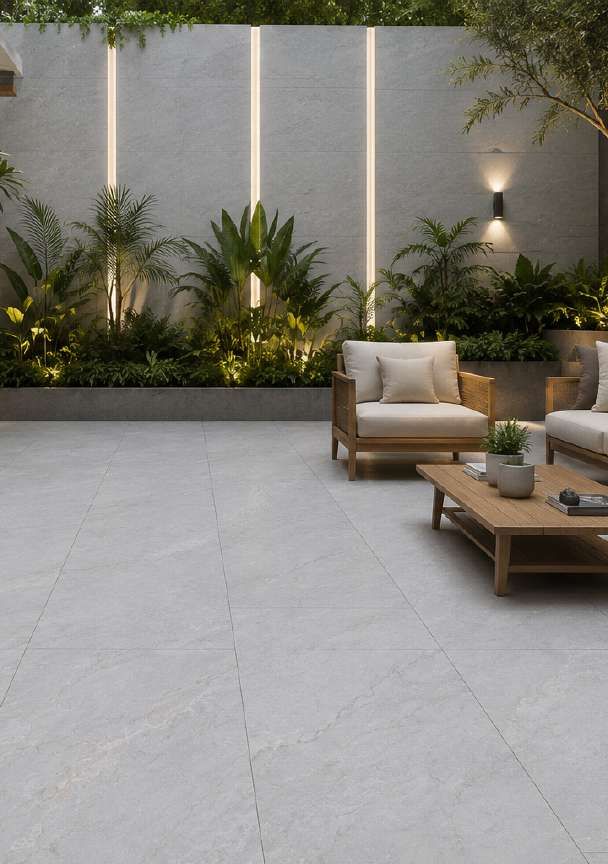 Granit Oceania GALATINI CINZA 120x60 terpasang — Teras luar dengan lantai doff abu, aman saat basah.