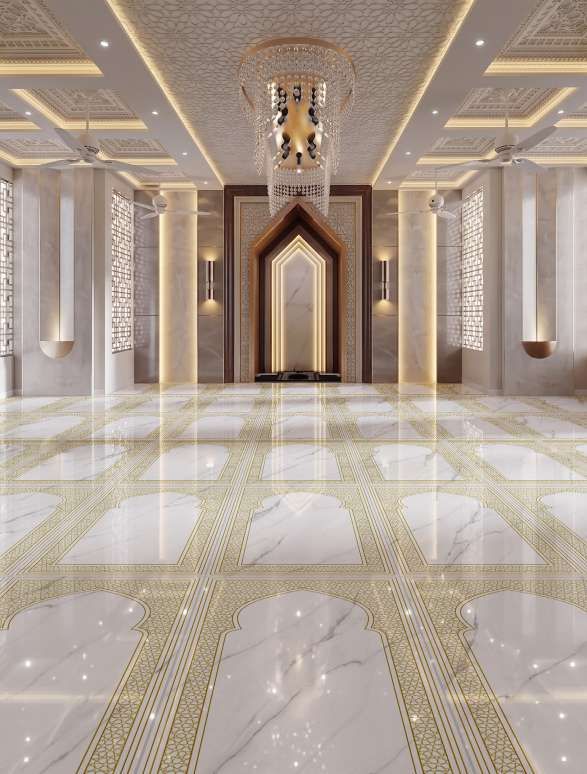 Granit Oceania LAMORA OURO 135x60 terpasang — Interior masjid dengan lantai marmer bermotif emas.
