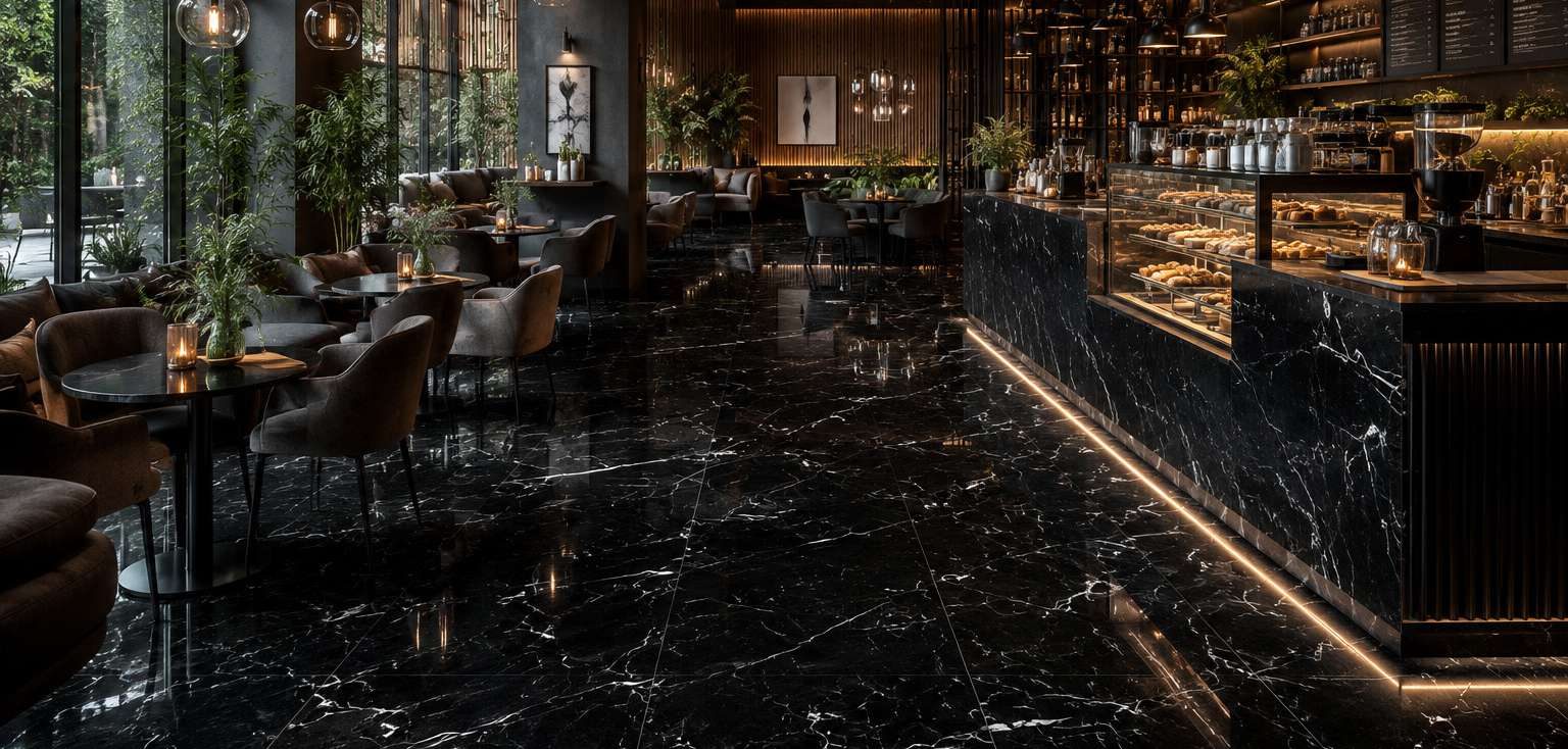 Granit Oceania OBSIDIAN PRETO 120x60 terpasang — Kafe dengan lantai dan meja bar marmer hitam.
