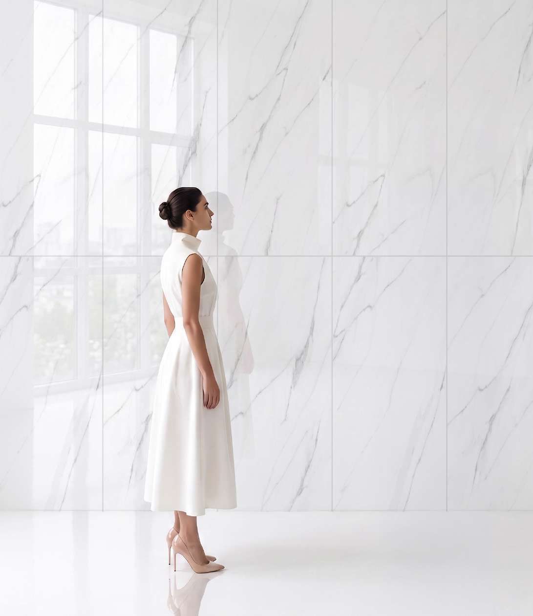 Ruang tamu dengan dinding dan lantai granit Oceania Statuario da Cinza 135x60 polished