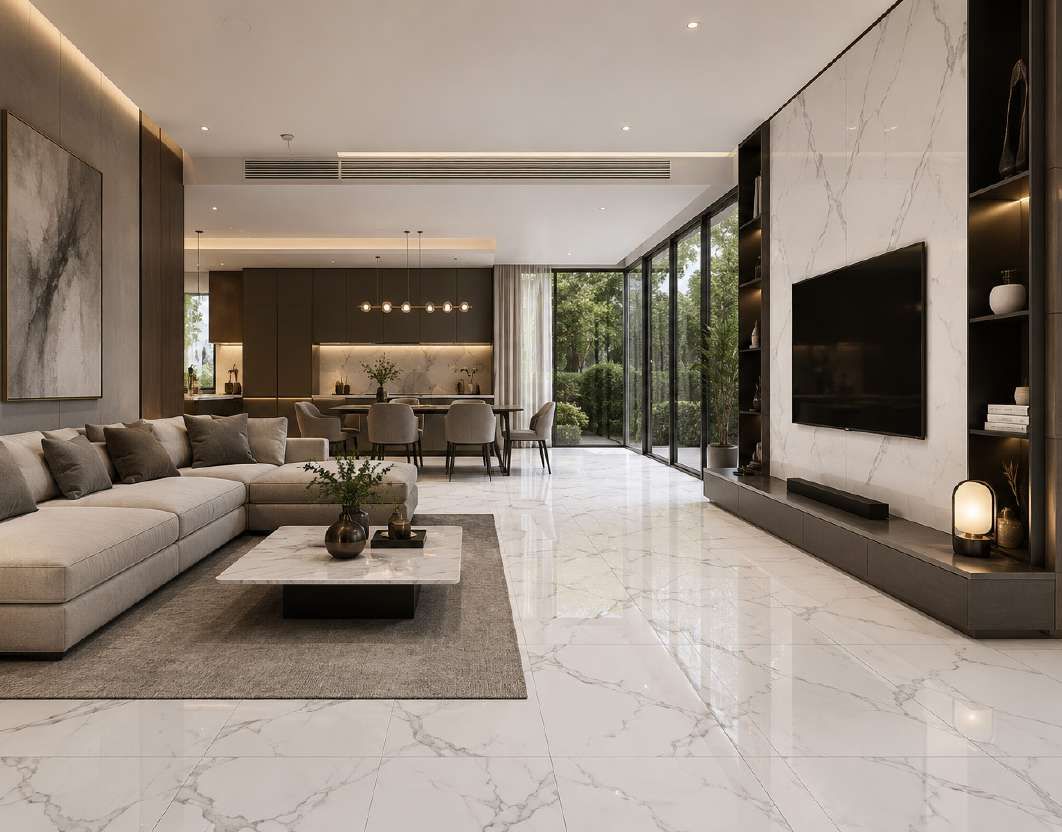 Granit Oceania STATUARIO VENUS 120x60 terpasang — Ruang keluarga panjang dengan lantai marmer putih.