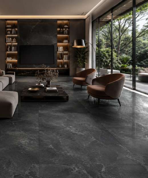 Granit Oceania VITTORIA PRETO 60x60 terpasang — Ruang keluarga modern dengan lantai granit gelap.